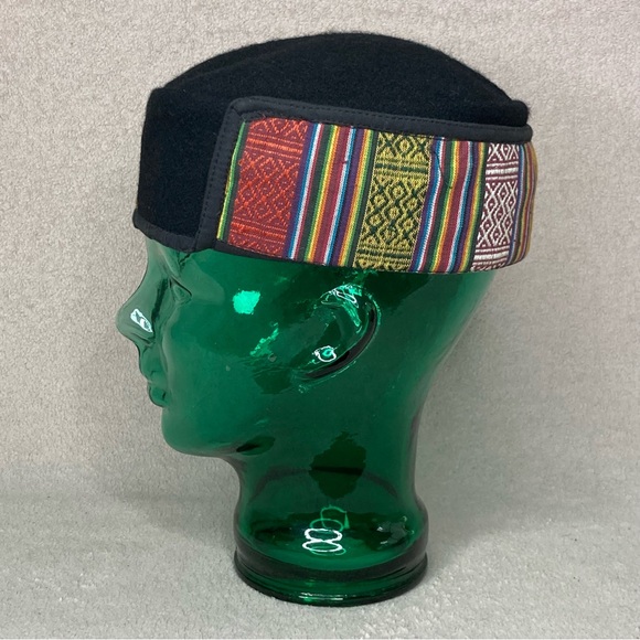 Tibetan 100% Wool Smoking Hat Cap-Black/Multicolor-Men’s M-Tribal-Himalayan-Asia - Picture 1 of 11